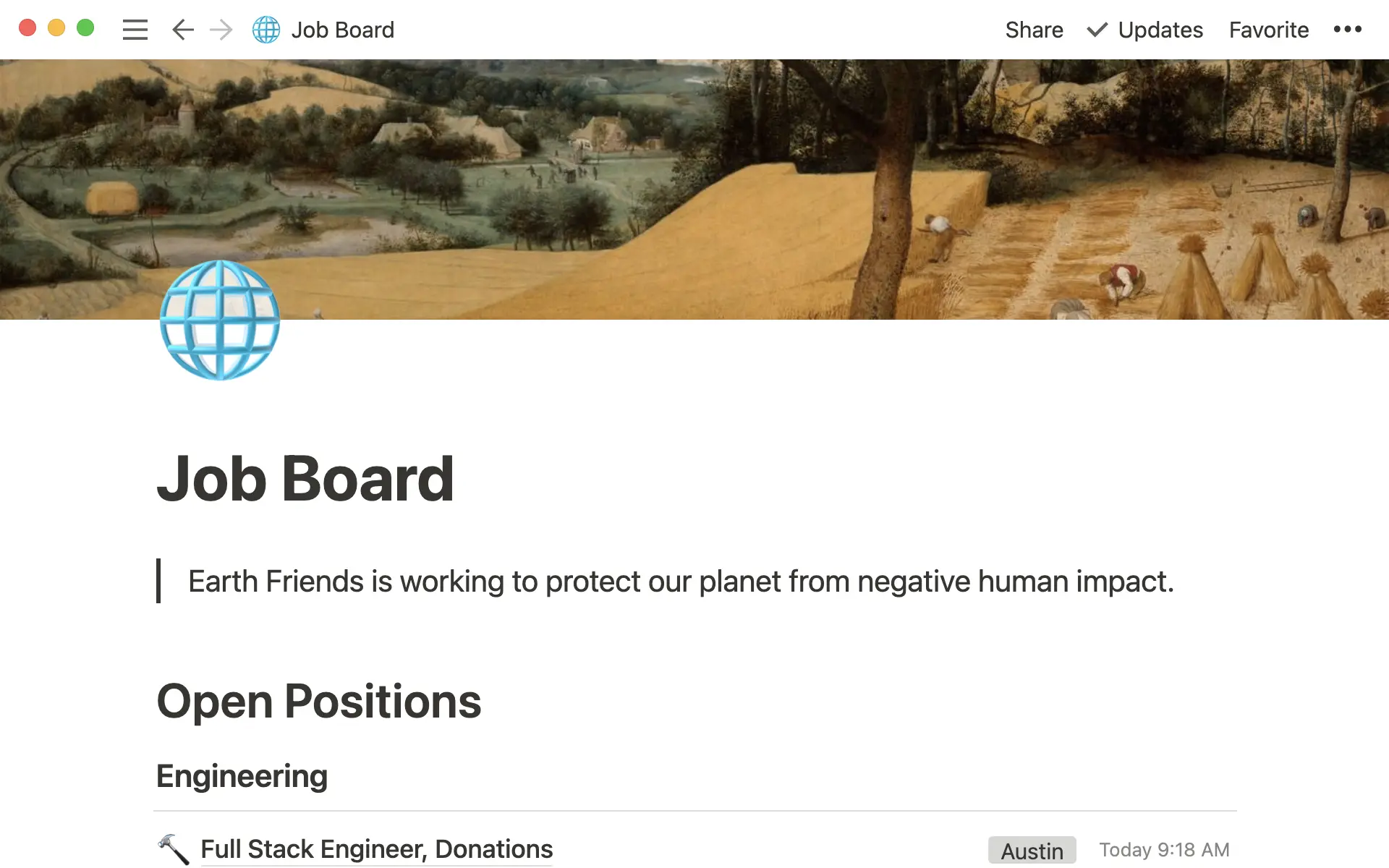 Documento de quadro de anúncios de vagas empregos que mostra as diferentes vagas de emprego de uma ONG e seus respectivos locais.