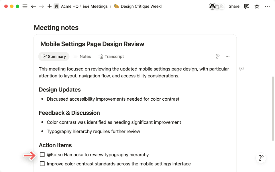 Notion AI automatically tags the right people in the summary tab when you tag them in your notes.