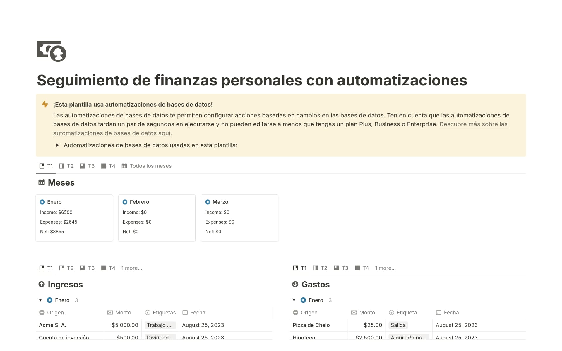 Vista previa de una plantilla para Seguimiento de finanzas personales con automatizaciones
